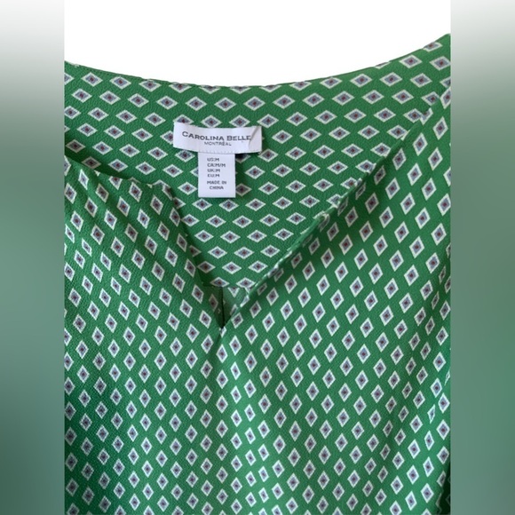 Carolina Belle‎ Green White Blouse Side Ruched Puff Sleeves Top - Medium - Picture 2 of 5